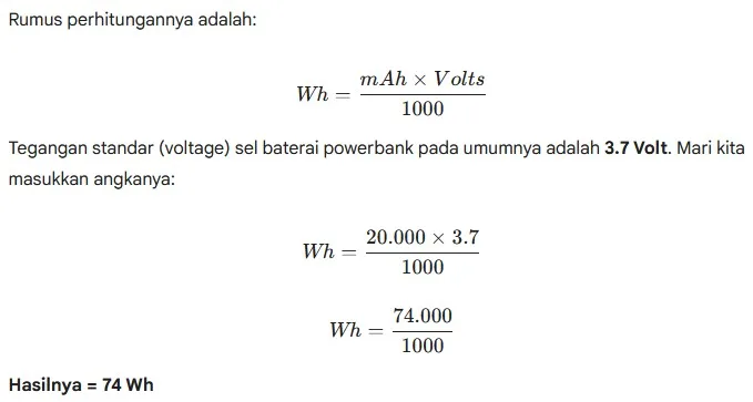 rumus powerbank 20.000mah aman masuk pesawat